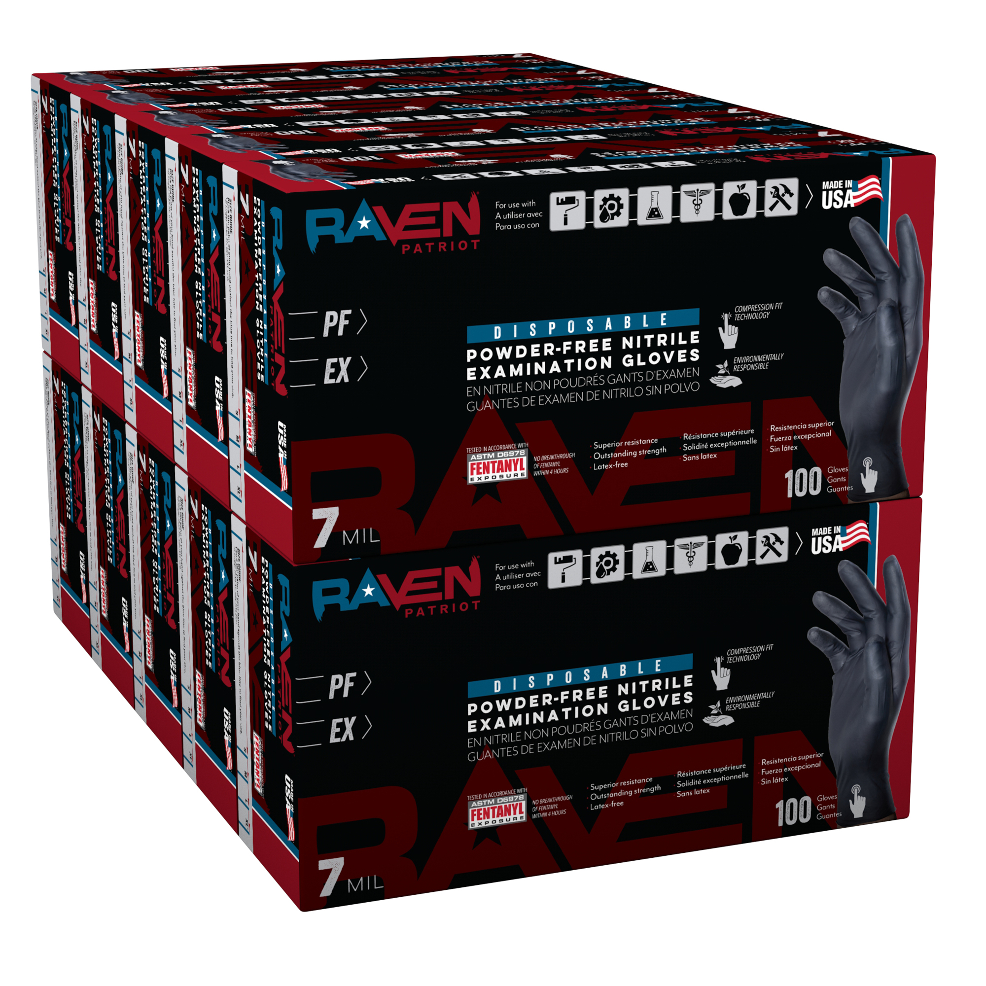 Raven Patriot Nitrile Gloves, Medium, Black, 1000-Pack